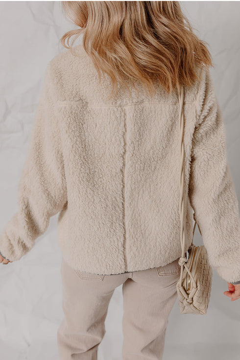 Oatmeal Fleece Sherpa Snap Buttoned Contrast Trim Winter Jacket