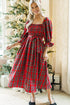 Red Tartan Plaid Square Neck Puff Sleeve Knot Waist Flared Midi Dress