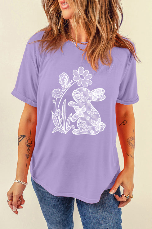 Wisteria DTG Printed Imitate Lace Flower Rabbit T Shirt