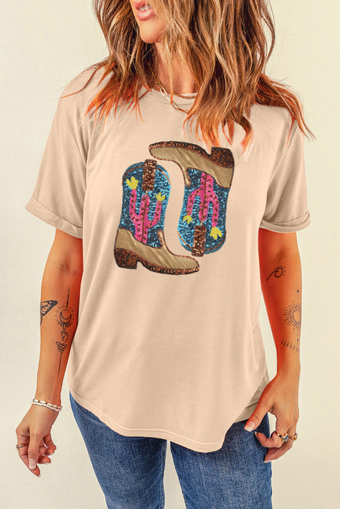 khaki-sequined-western-boots-crew-neck-graphic-tee