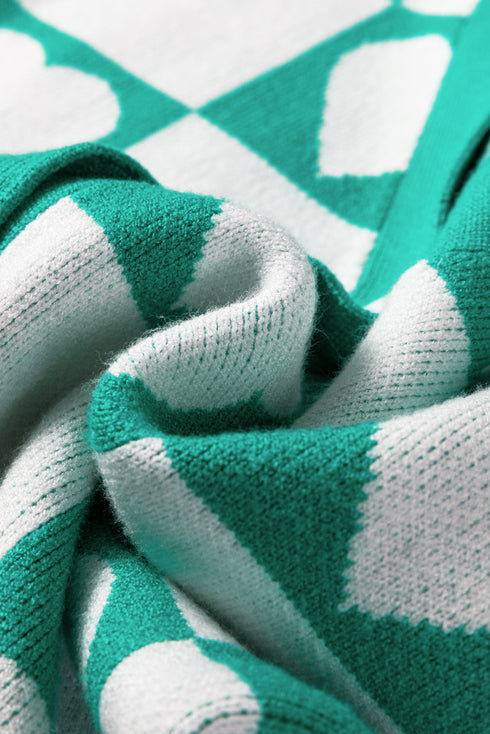 Sea Green Plaid Heart Knit V Neck Button Down Sweater Cardigan