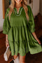 Jungle Green Contrast Stitched V Neck 3/4 Sleeve Tiered Mini Dress