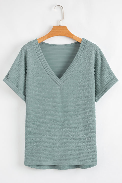 Beau Blue Textured Wide Sleeve V Neck T Shirt