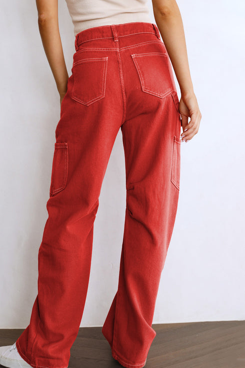 Fiery Red High Waist Straight Leg Cargo Pants with Pockets