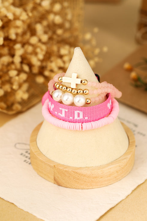 Pink WWJD Faith Prompt Mix Beading 5pcs Bracelet Set