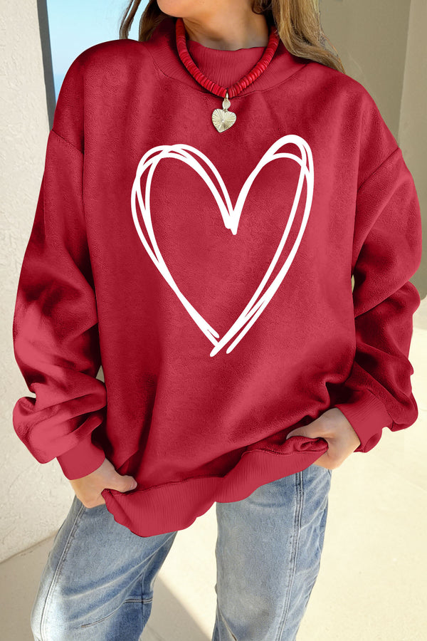 Racing Red Valentines Day Heart Love Script Reversible Printed Double Wear Mock Neck Sweatshirt