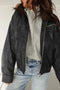 Carbon Grey Vintage Faux Leather Button Pleated Cuffs Zip Up Jacket