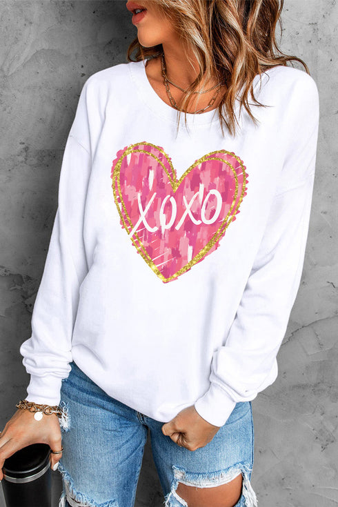 White xoxo Glitter Trim Brushstroke Heart Printed Pullover Sweatshirt