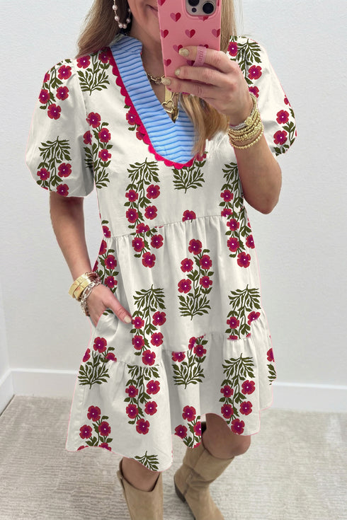 White Bright Floral Print Ricrac Trim Striped Patchwork V Neck Dress