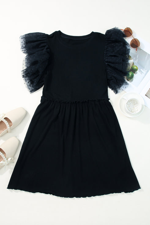 Black Dotty Mesh Ruffle Sleeve Ribbed Knit Babydoll Mini Dress