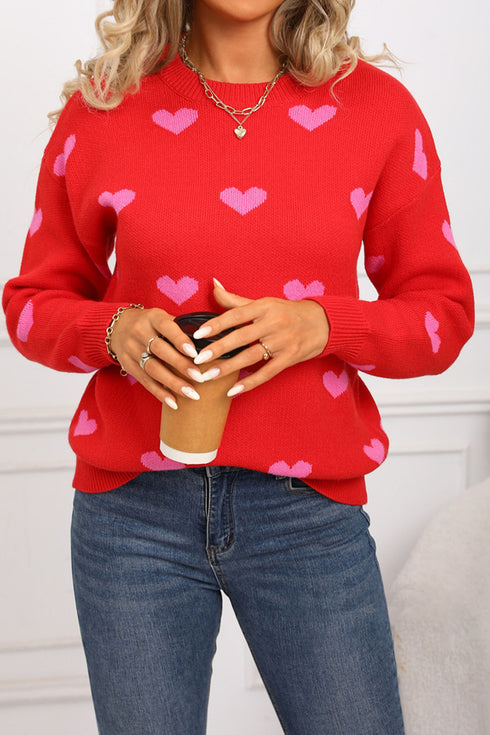 Rose Red Classic Round Neck Drop Shoulder Heart Print Sweater