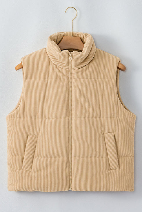 Light French Beige Corduroy Stand Neck Zipped Puffer Vest