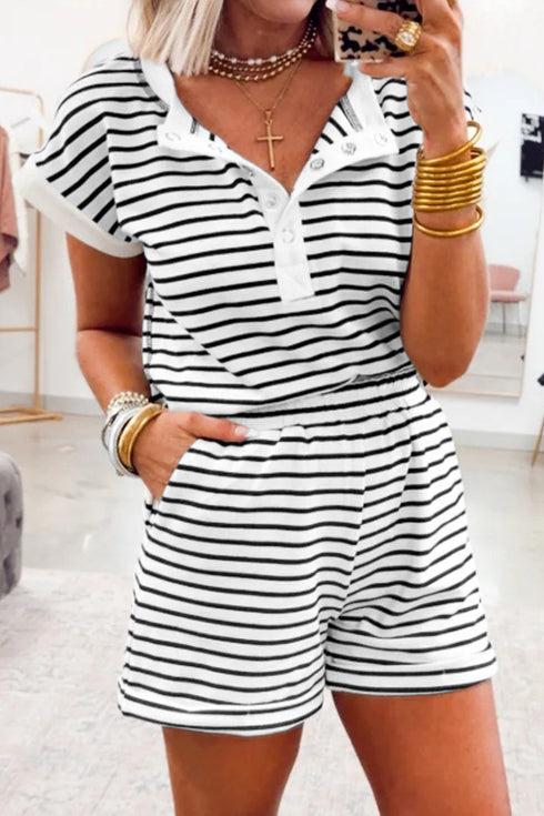 Black Stripe Half Buttons Top and Shorts Set