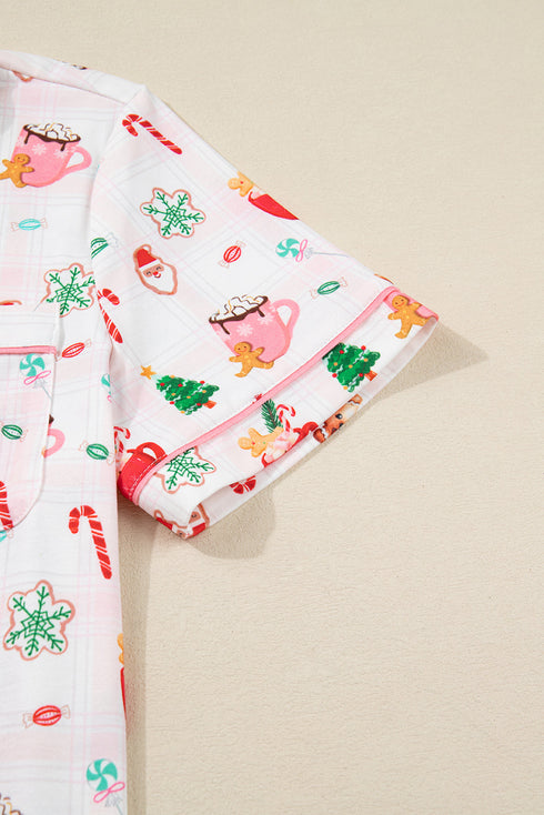 Pink Christmas Spirit Cute Holiday Print Short Sleeve Shirt and Pants 2pcs Pajama Set