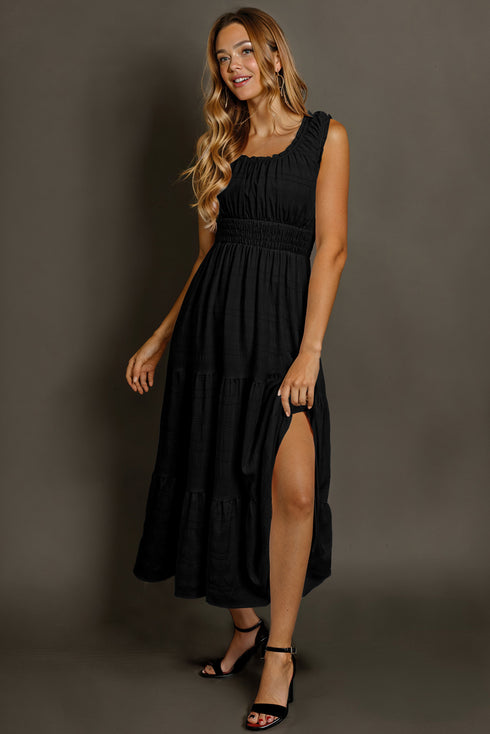 Black Shirred Pleated Square Neck Sleeveless Midi Dress