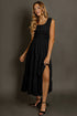 Black Shirred Pleated Square Neck Sleeveless Midi Dress