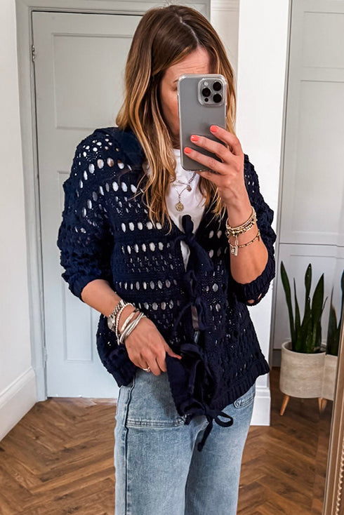 Navy Blue Crochet Tie Front Cardigan