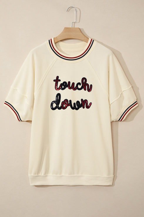 Beige touch down Sequin Letter Graphic Game Day Varsity Tee
