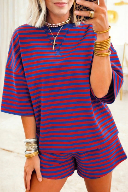 Navy Stripe Striped Ribbed Cotton Two-Piece Short Set with Chest Patch Detail