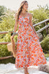 Orange Boho Fashion Print Spaghetti Straps Drawstring Maxi Dress