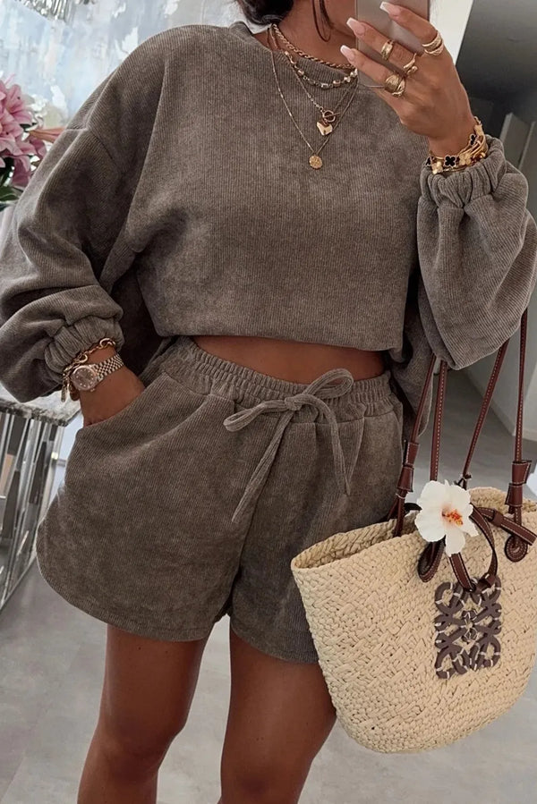 Dark Brown Solid Color Textured Knit Drop Shoulder Pullover Drawstring Shorts Set