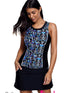 black-geometric-print-sleeveless-zipper-racer-back-pocket-tankini-set