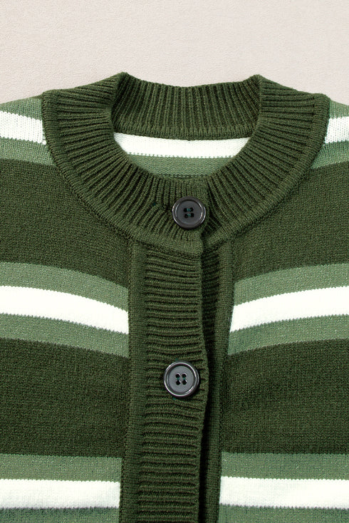 Green Stripe Drop Shoulder Buttons Cardigan Sweater