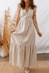 Khaki Stripe Flutter Sleeve Buttoned Front Slit Maxi Dress