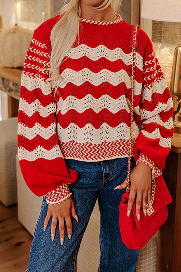 Black Stripe Pointelle Knit Contrast Trim Puff Sleeve Sweater