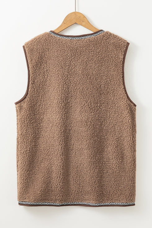 Dark Khaki Sherpa Contrast Trim Patch Pocket Cartridge Toggle Button Vest