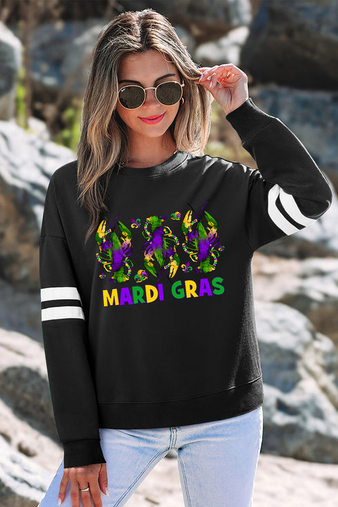 Black MARDI GRAS Crayfish Printed Varsity Striped Drop Shoulder Sweatshirt