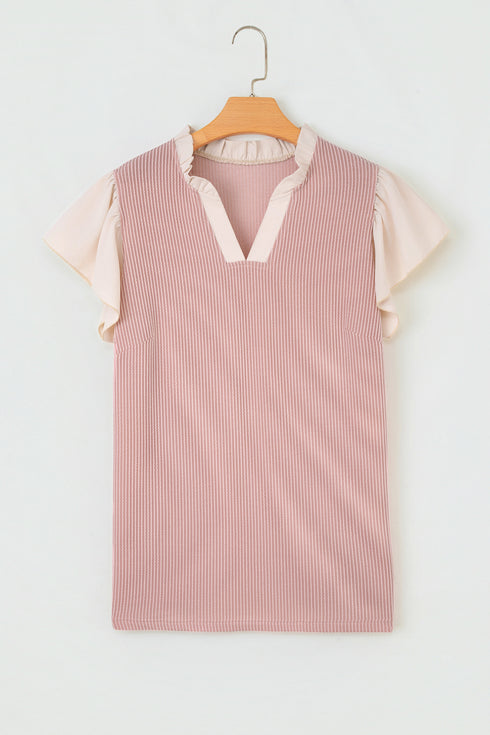 Fushia Plus Size Contrast Frilled Neckline Ruffled Short Sleeve Ribbed Textured Blouse