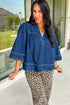 Sail Blue Polo Collar V Neck 3/4 Sleeve Loose Denim Top