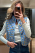 Light Blue Checkered Texture Plush Zip Up Winter Vest