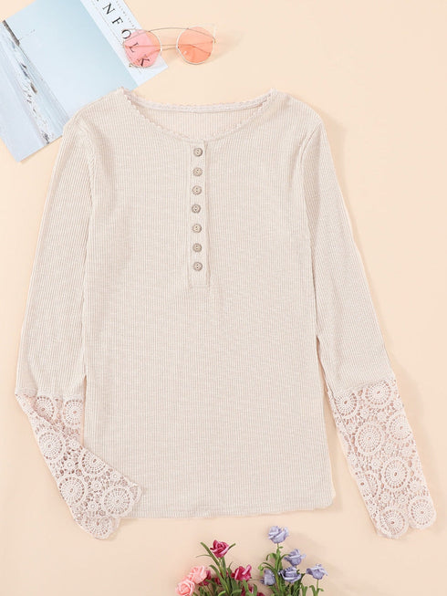 beige-crochet-lace-hem-sleeve-button-top