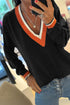 Black Contrast Striped Trim V Neck Varsity Sweater