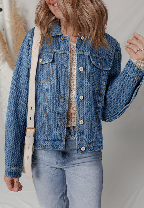 Blue Double Flap Pocket Denim Textured Button Down Jacket