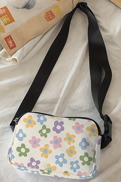 White Dainty Flower Printed Canvas Crossbody Bag
