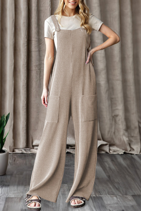 Parchment Ribbed Knit Patched Pocket Wide Leg Overalls