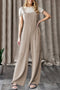 Parchment Ribbed Knit Patched Pocket Wide Leg Overalls