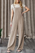 Parchment Ribbed Knit Patched Pocket Wide Leg Overalls