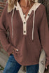 Coffee Waffle Contrast Half Buttoned Hooded Pullover Top