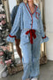 Blue Stripe Contrast Velvet Trim Bow Knot Waist 2pcs Pajama Set