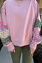Pink Plus Size Mix Floral Patched Sleeve Ribbed Trim Baggy Sweatshirt
