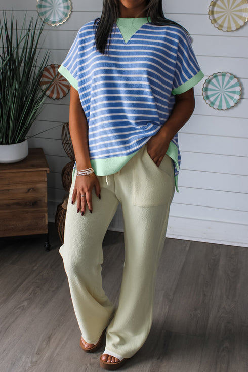 Sky Blue Stripe Contrast Trim Loose Short Sleeve Top