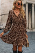 Brown Ditsy Floral Print Split Neck Long Sleeve Shirred Waist Flared Mini Dress