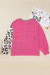 Rose Red Plus Size Twisted Ribbed Color Block Leopard Patchwork Long Sleeve Top