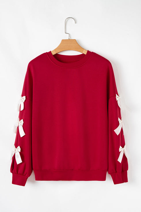 Fiery Red Contrast Bow Decor Dropped Sleeve Crewneck Sweatshirt