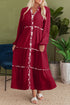 Red Dahlia Floral Patchwork Detail Notched Neck Long Sleeve Maxi Dress