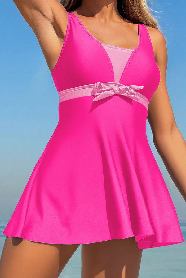 Rose Red Color Block/ Floral Print Patchwork Bow Knot Detail Sleeveless Swim Dress